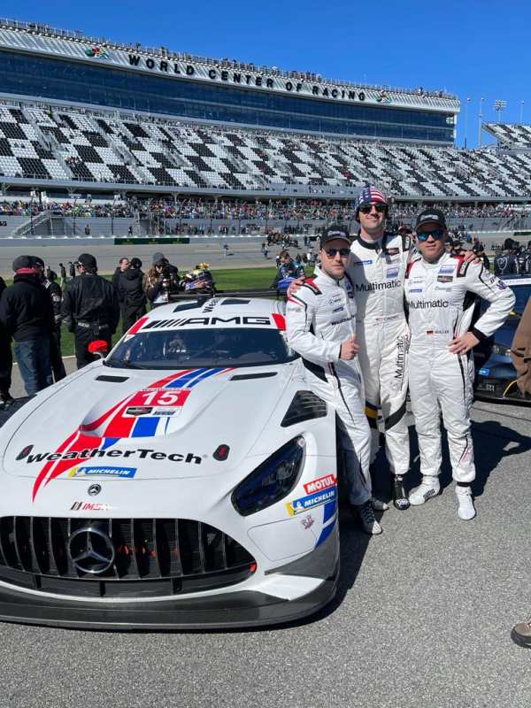 WeatherTech Mercedes AMG GT3 mit Patrick Assenheimer, Austin Cindric und Dirk Müller (von links nach rechts) Foto: Assenheimer Racing